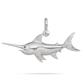 Sterling Silver Swordfish Pendant High Polished Mirror Finish With Blue Sapphire Eye with A Mariner Shackle Bail Custom Designed By Nautical Treasure Jewelry In The Florida Keys
